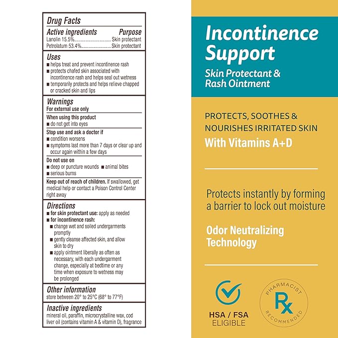 A+D Incontinence Support Skin Protectant & Rash Ointment – Treats & Prevents Incontinence Rash, Soothes Chafed Skin, Odor Neutralizing Technology - 16 oz