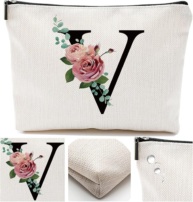Initial A-Z Personalized Letter Makeup Bag, Monogrammed Bridesmaid Presents Cosmetic Bag, Portable Stationary Storage Organizer Pouch, Friendship LoveTravel Makeup Bags
