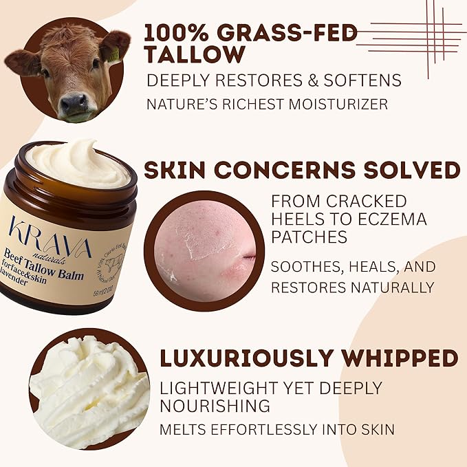 Beef Tallow for Skin, Beef Tallow for Face, Whipped Tallow Balm, Beef Tallow Moisturizer - Tallow Face Moisturizer, Tallow Cream | 100% Grass Fed, Unscented, 2 oz