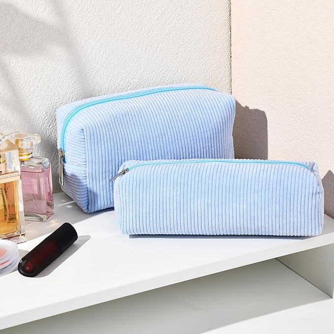 SOIDRAM Corduroy Cosmetic Bag - Cute Blue Makeup Pouch, Large Capacity, Travel Toiletry Bag Organizer with 1Pcs Makeup Brushes Storage