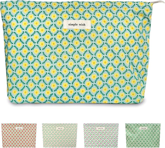 STARDW Aesthetic Floral Makeup Bag Cute Small Cosmetic Bags for Women Girls, Travel Toiletry Bag Large Capacity Zipper Makeup Pouch, Purse Organizer Pouches (Yellow Floral)