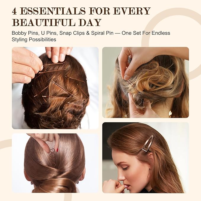 Bobby Pins Set Brown – Hair Kit with U Shape Pins, Spiral Pin & Snap Clips, for Women & Girls, Ideal for Buns, Updos, Weddings & Parties