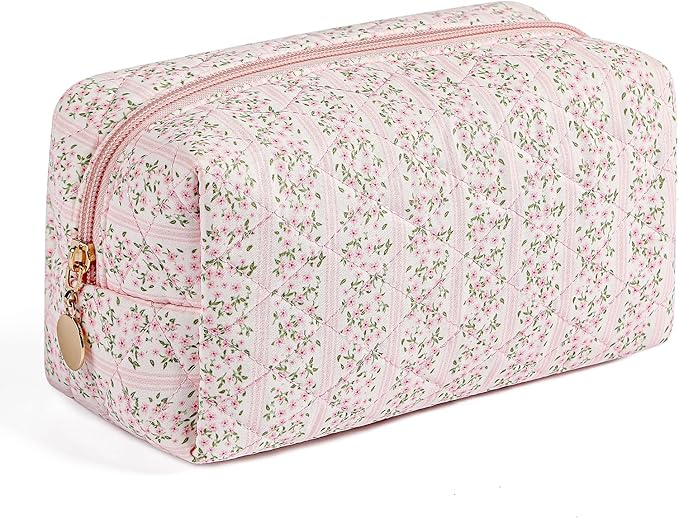 JOVAKIT Square Makeup Bag Cute Cosmetic Bag for Women, Floral Coquette Aesthetic Toiletry Bag, Zipper Make Up Pouch, Travel Make Up Organizer Bag (Pink Floral)