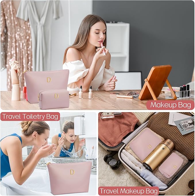 Women Gifts | Initial Makeup Bag Set for Girl Personalized Gifts for Bridesmaid Friend Graduation Teachers PU Leather Cosmetic Travel Toiletry Bag(Pink,D)