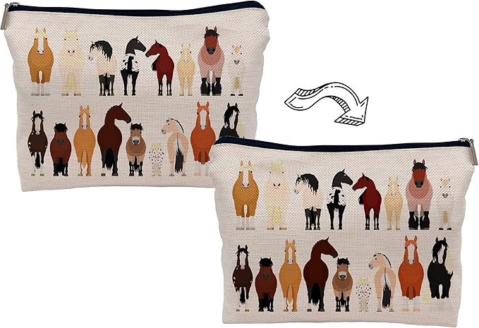Cartoon Various Breeds Of Horses Group Makeup Bag Cosmetic Bag Zipper Pouch Toiletry Bags,Gifts For Horse Lovers Women Girls Horse Riders