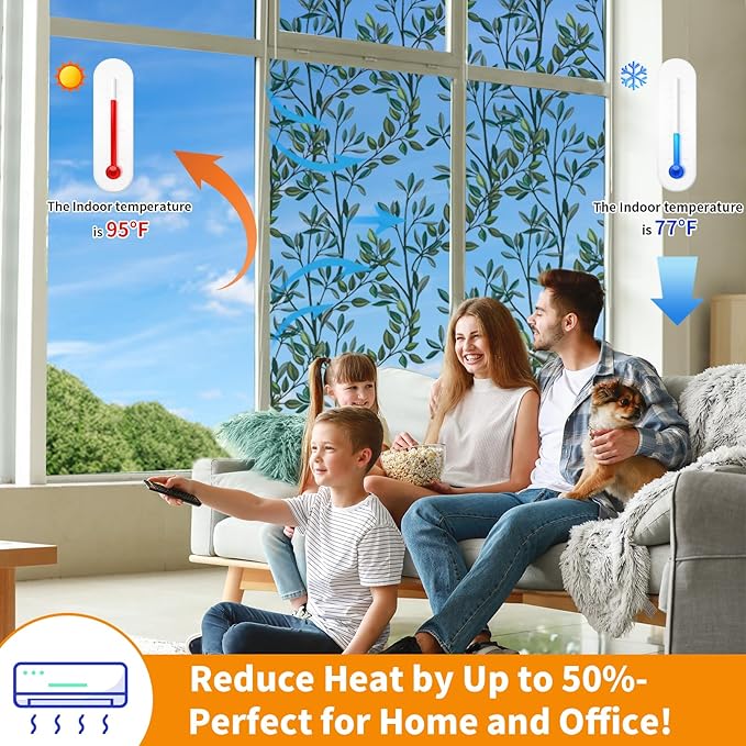 One Way Privacy Film, Window Tint for Home,Daytime Reflective, Anti UV Static Cling Sliding Door Coverings No Glue Garage Solar Paper (Silver-Leaves, 23.6 x 78.7 in)