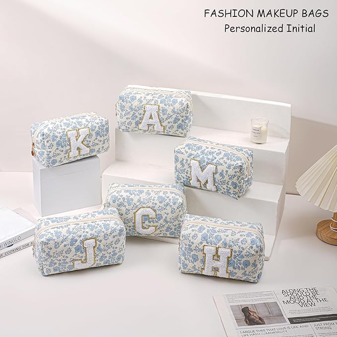 Gleyemor Personalized Initial Makeup Bag for Women, Cute Quilted Blue Floral Cotton Cosmetic Bag, Christmas Gifts for Her Mom Friend Sister Bridesmaid Teacher Women C