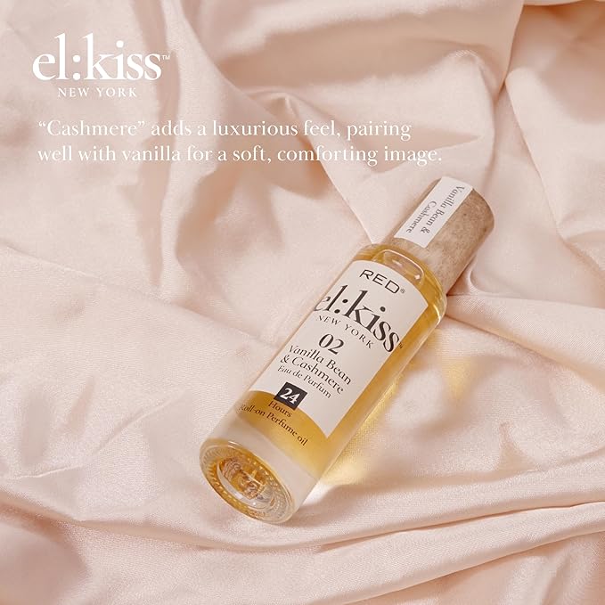 EL:KISS Roll On Perfume, Vanilla Bean & Cashmere Eau de Parfum 12mL (.40 Fl Oz), Hydrating & Long-Lasting, Alcohol-Free & Mineral Oil-Free, Infused with Jojoba, Argan & Coconut Oil
