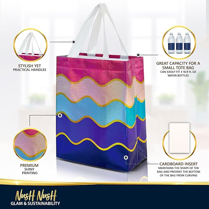 Nush Nush Gradient Gift Bags Medium Size – Set of 12 Reusable Gift Bags With Handles and Shiny Wave Pattern - Perfect As Goodie Bag for Birthday Party Favors, Kids, Holidays, Thanksgiving - 8x4x10