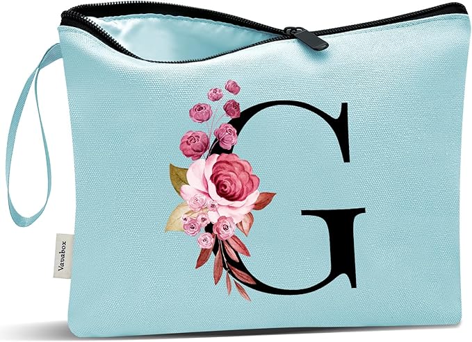 Vavabox A-Z Personalized Makeup Bag, Birthday Gifts for Women Mom, Gifts for Best Friend, Bride Bridesmaid Cosmetic bag (G, Green)