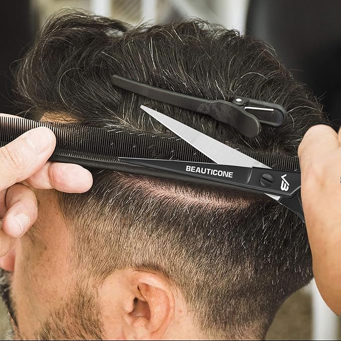 BEAUTICONE ® Hair Cutting Scissors - High Carbon SS 6.5" Professional Barber-Grade Salon Shears with Serrated & Razor Edge - Black Premium Gift Box with Leather Pouch & Extra Accs - Ultra Lightweight