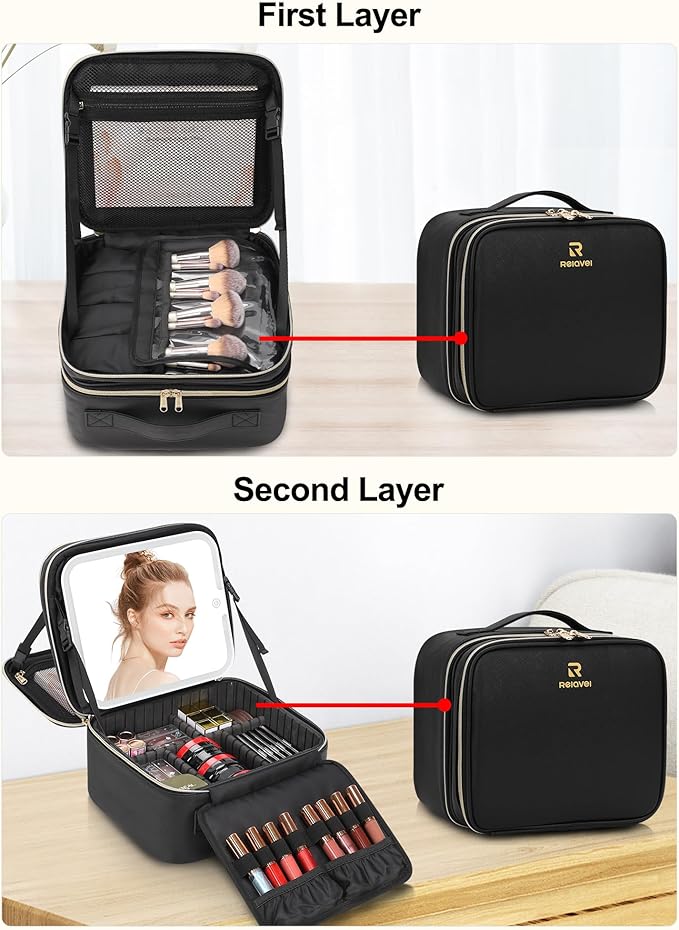 TANTO Travel Makeup Bag with LED Mirror Double Layer Makeup Case with Lighted Mirror Dual Layer Cosmetic Train Case Portable Artist Organizer Bag with Dividers and Rechargeable Vanity (Black, Small)