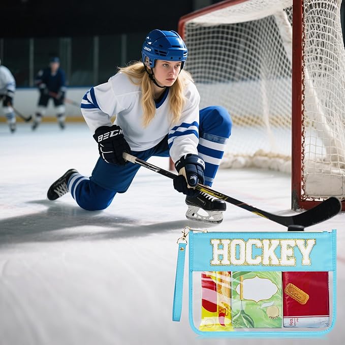 2 Pcs Hockey Gifts Makeup Bag with Chenille Letter Patch, Clear Cosmetic Pouch PVC Organizer Purse, Waterproof Travel Bag, Portable Toiletry Storage Bag for Her Girls Friends Women