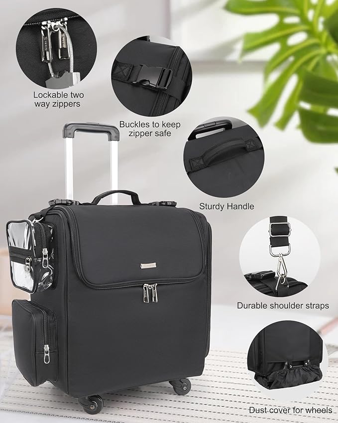Relavel Rolling Makeup Train Case with 4 Pcs Clear Makeup Bags, Hairstylist Traveling Bag with 4 Wheels, Heat Insulation Full Layer, Adjustable Dividers, Hair Tools and Cosmetics Storage Organizer