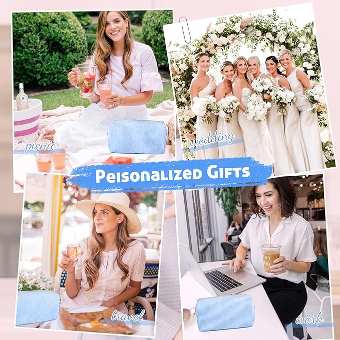 SOIDRAM 6PCS Bridesmaid Proposal Gifts Corduroy Blue makeup bag bulk for Wedding Party Favors Bachelorette party decorations Toiletry Organizer Bag Cosmetic Case Gift