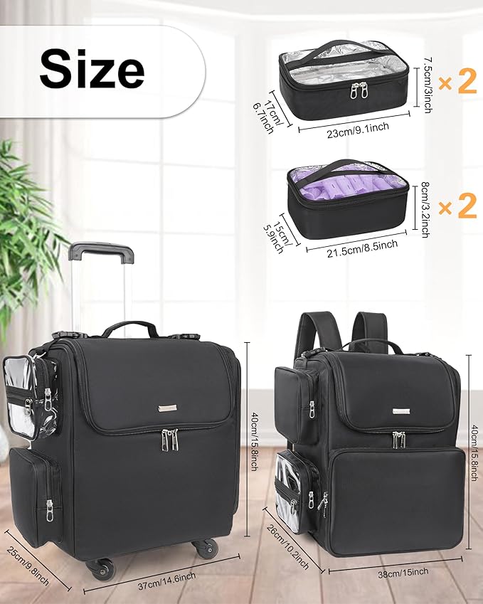 Relavel Rolling Makeup Train Case with Hair Stylist Backpack, Hairstylist Traveling Bag with 4 Wheels, Heat Insulation Full Layer, Adjustable Dividers, Hair Tools and Cosmetics Storage Organizer