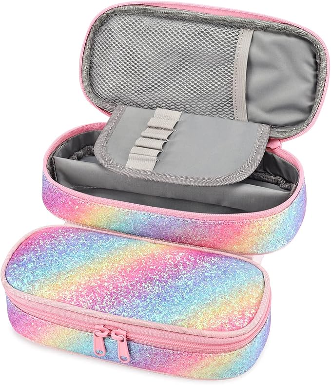 mibasies Girls Pencil Case for Kids, Multi-Slot Pencil Pouch, Twill Pink Blue
