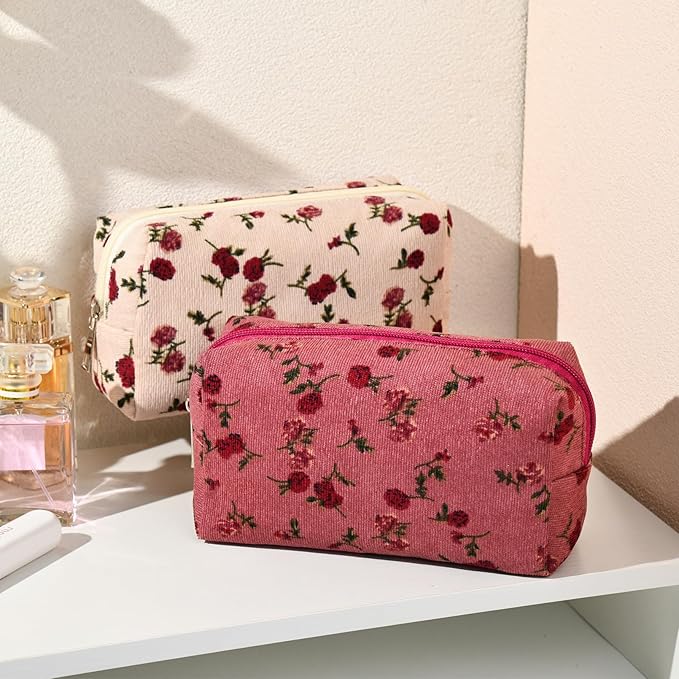 SOIDRAM 2 Pieces Makeup Bag Floral Cosmetic Bag Purple Blue Makeup Pouch Travel Toiletry Bag Organizer Cute Makeup Brushes Storage Bag for Women, White&Pink Rose