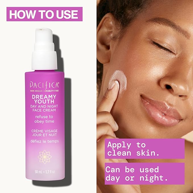 Pacifica Face Moisturizer Lotion - Dreamy Youth Day & Night Face Cream, Daily Skincare, Grapeseed Oil, Peptides, Hydrating, Facial Lotion, Skincare, For Dry Skin, Vegan, 1.7 fl oz (1 Count)