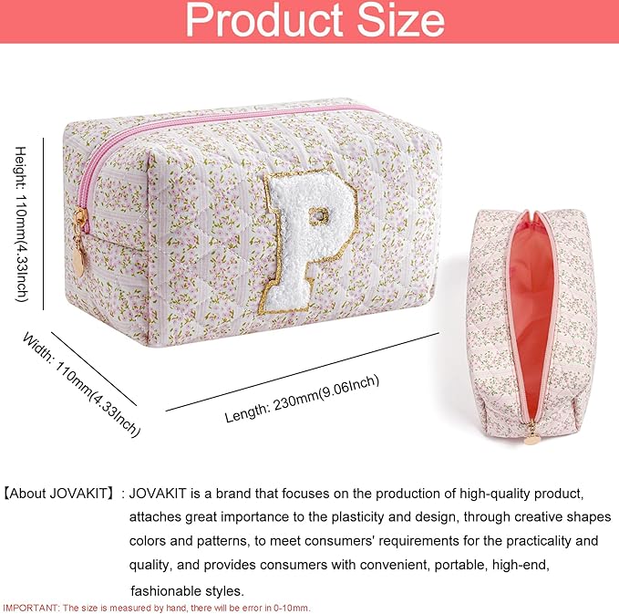JOVAKIT Makeup Bag Cosmetic Bags for Women, Christmas Gifts for Girls Age 6-18, Alphabet Pink Floral Coquette Zipper Travel Makeup Pouch, Organizer Case Trendy Stuff (Pink Floral P)