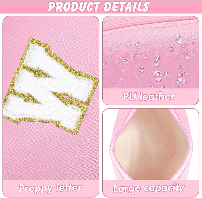 Initial Makeup Bag Personalized Preppy Travel Small Cosmetic Bag Cute PU Pink Chenille Letter Makeup Pouch for Purse Waterproof Zippered Toiletry Organizer for Women Girls Kids Friends (W)