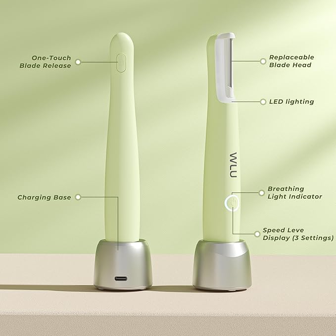 Dermaplane Razor for Women Face, WLU Rechargeable Face Dermaplaning Tool – Peach Fuzz, Facial Hair & Exfoliation Removal, Sonic Technology with LED Light, 3 Speeds & 10 Blades (Green)