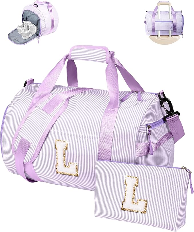 Birthday Gifts for Tween, Girls Travel Duffle Bag, Kids Initial Overnight Duffel Bags with Shoe Compartment, Personalized Dance Bag with Cosmetic Pouch, Preppy Stuff (Letter L)