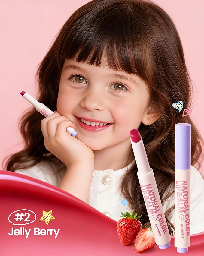 RUNBEN Kids Tinted Lip Balm, Strawberry-Scented Lipstick, 24H Moisturizing, Safe & Non-toxic Lip Gloss for Kids & Teen, Christmas Makeup Gift for Girls, 2g