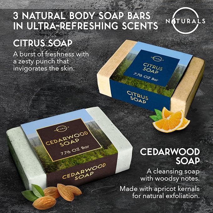 O NATURALS Bar Soap for Men - 3-Pcs Mens Soap Bar - Natural Soap - Mens Bar Soap - Men Soap - Natural Soap for Men - Organic Men's Soap Bars - Exfoliating Soap Bar - Citrus, Olive & Cedarwood