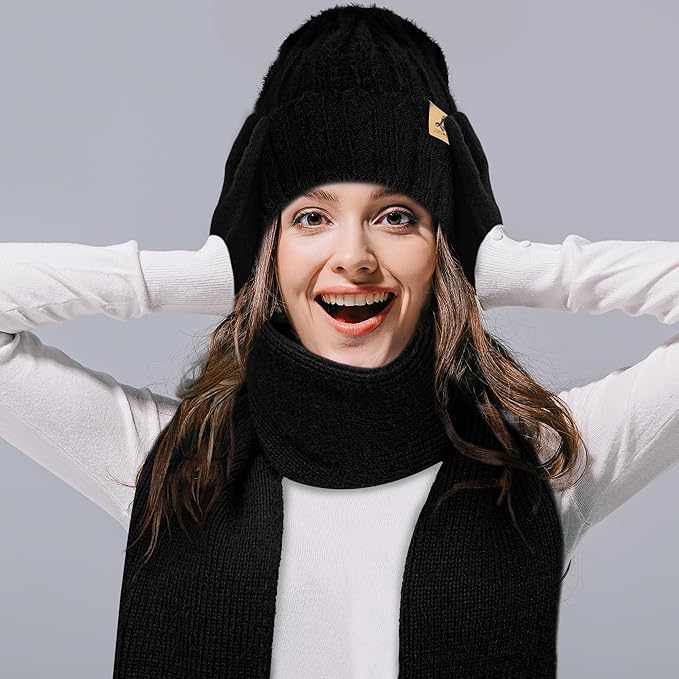 Winter Beanie Hat Scarf Gloves, Warm Fleece Knit Hat Long Scarf Neck Warmer Touch Screen Winter Gloves Set Gifts for Women