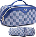 BOYATU Travel Makeup Bag for Women: Large Cosmetic Bag Set of 3 - PU Leather Make up Bag with Compartments - Compact Waterproof Toiletry Bag with Divider & Handle (D-1-Blue)