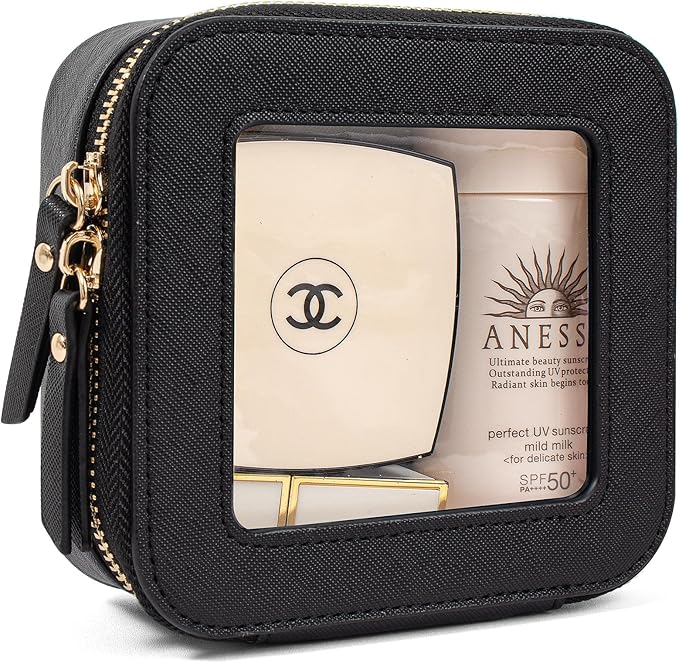 KOTORA Small Makeup Bag for Purse Cute Travel Makeup Bag Clear Cosmetic Bag with Zipper, Car Make Up Bag Organizer Storage Traveling Car Accessories Travel Essentials for Women (Mini Black)