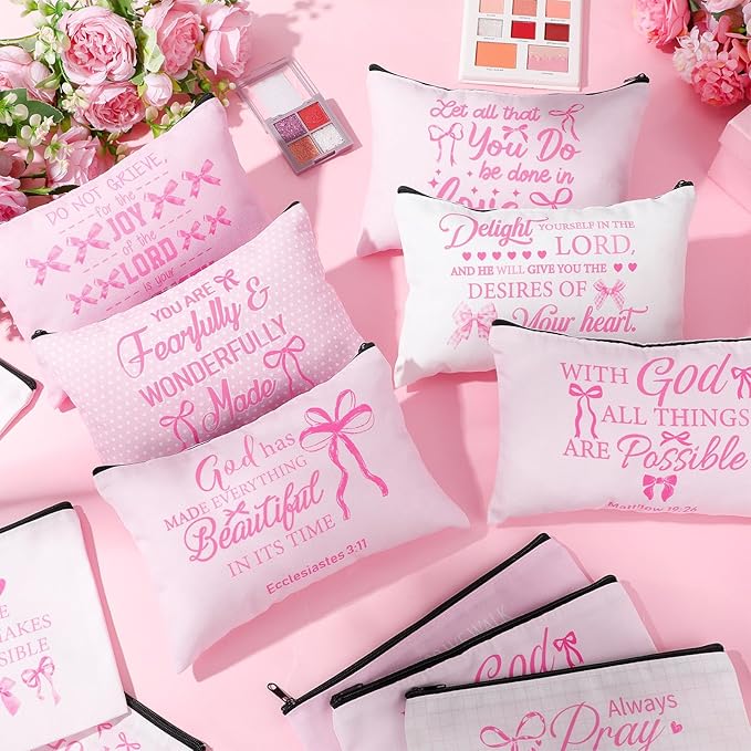 Hillban 36 Pcs Christian Gifts for Women Christian Pink Bow Makeup Bags Bible Verse Cosmetic Bag Inspirational Pencil Case with Zipper Coquette Bowknot Travel Organizer Pouch for Wedding Bachelorette