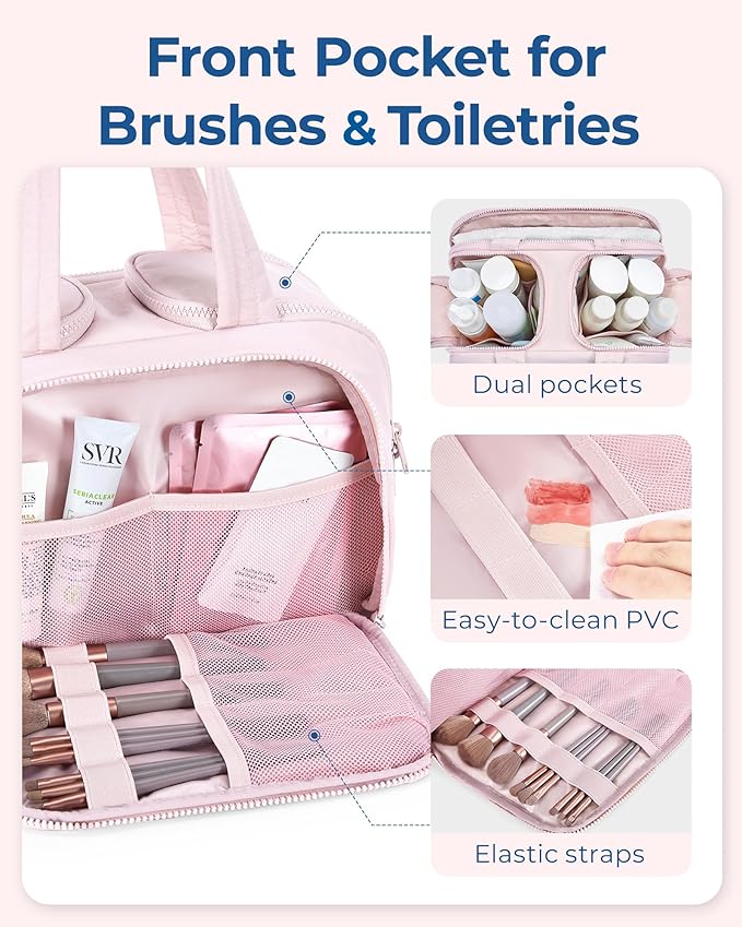 BAGSMART Travel Toiletry Bag, Lightweight Large Wide-open Travel Bag for Women, Puffy Cosmetic Makeup Bag Organizer with Handle for Accessories,Essentials, Toiletries, Pink