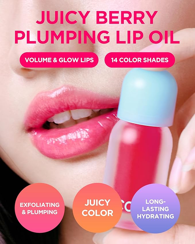 TOCOBO Juicy Berry Plumping Lip Oil 12 Cherry Ade – Korean Vegan Hydrating Lip Oil with Plant Oils for High Shine Gloss - Non Sticky Formula for All Skin Tones, 0.12 fl.oz.