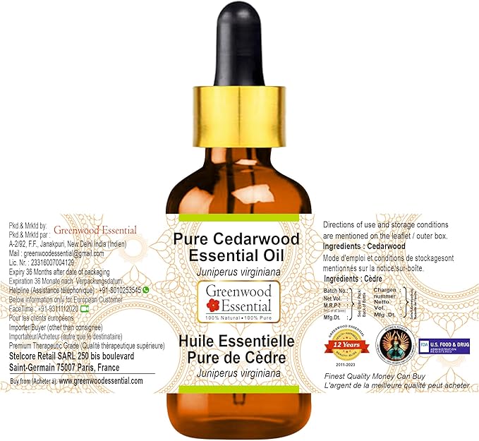 Greenwood Essential Cedarwood Essential Oil (Juniperus Virginiana) with Glass Dropper | Pure | Non-Sticky | Non-Greasy | Lightweight | Men & Women | All Skin Types | Steam Distilled 100ml (3.38 oz)