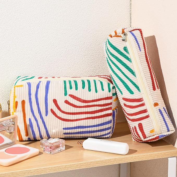 SOIDRAM Corduroy Cosmetic Bag - Large Capacity Makeup Pouch with Stripe Pattern and Makeup Brush Storage - Travel Toiletry Bag Organizer