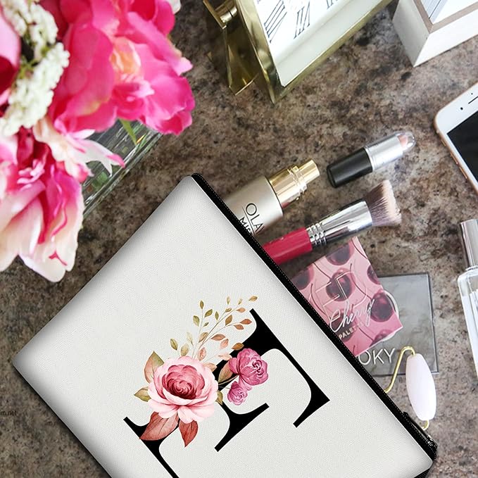 Vavabox A-Z Personalized Makeup Bag, Birthday Gifts for Women Mom, Gifts for Best Friend, Bride Bridesmaid Cosmetic bag (E, White)