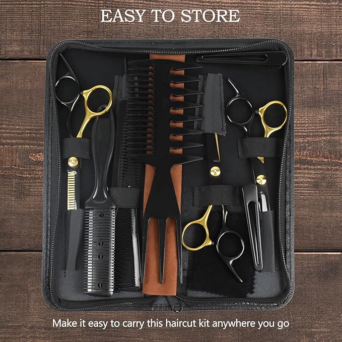 Niura 12 PCS Hair Cutting Scissors Set - Professional Barbers & Salon Kit: Cutting & Thinning Scissors, Comb, Cape, Clips for Men, Women, Kids & Pet