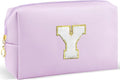 Gifts for Girls Initial Makeup Bag Personalized Cosmetic Bag with Zipper Cute Travel Toiletry Bag Waterproof PU Preppy Makeup Pouch Birthday Gift for Teen Girls Women(Purple Y)