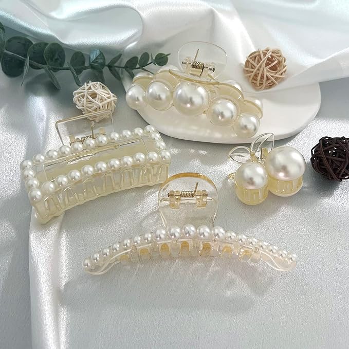 Mehayi 4 PCS Large Pearl Hair Claw Clips for Women Girls, Hair Barrette Clamps for Thick Thin Hair, Fashion Hair Accessories Headwear Styling Tools for Party Wedding