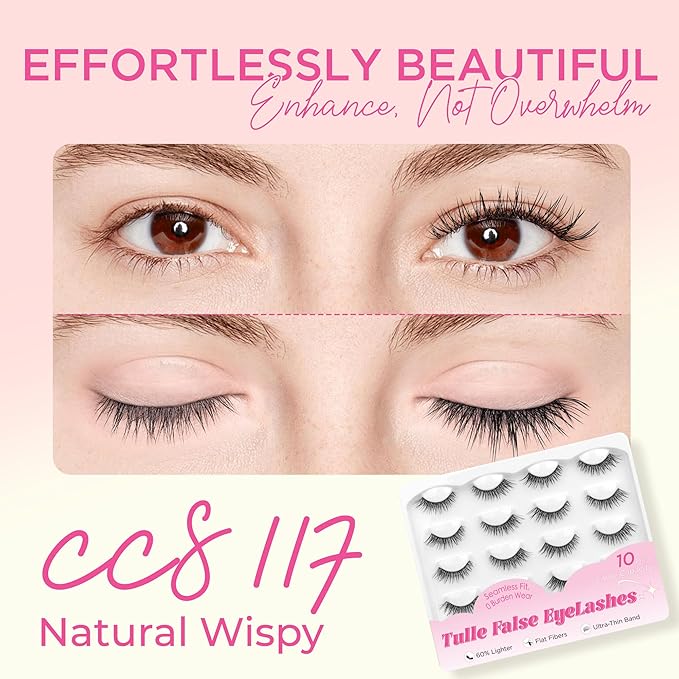 BEPHOLAN False Eyelashes With Tweezers- Ultra-thin False Lashes10 Pairs Eyelashes Pack Natural look Lash Strips Lightweight Lashes with Soft Clear Band(CCS117)