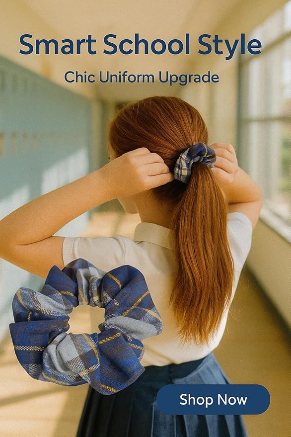 Plaid scrunchie, ClassExceed school uniform plaid, Back to school, handmade school uniform hair accessories (Navy Gold gray Plaid57)