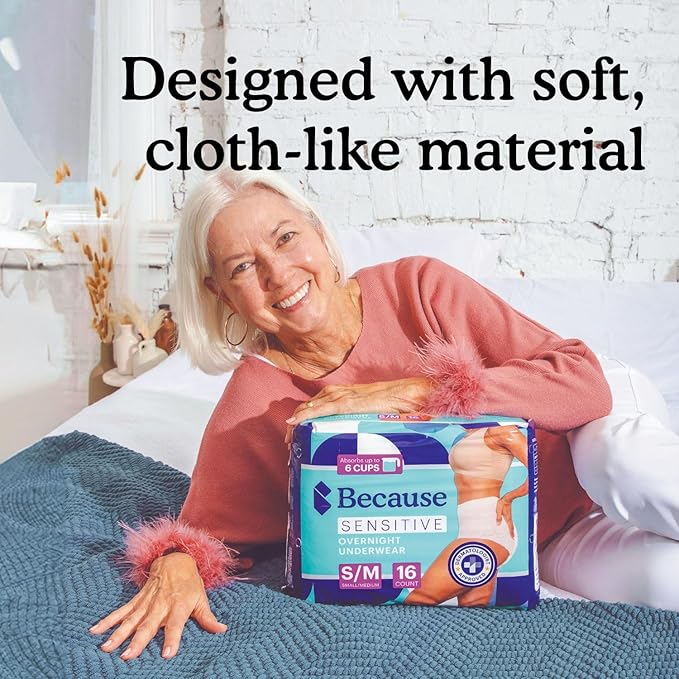 Because Adult Incontinence Underwear for Sensitive Skin - Women - Premium Overnight Disposable Briefs, Anti Odor - White, Small/Medium - Absorbs 6 Cups - 16 Count (Pack of 1)