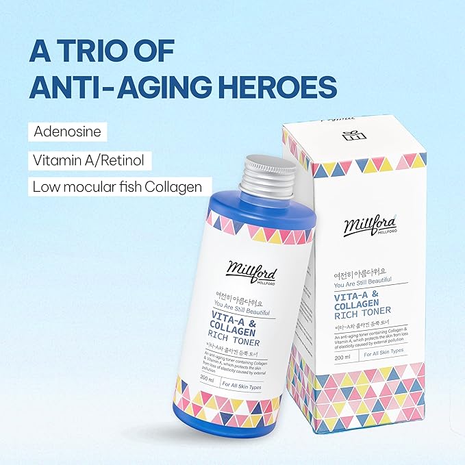 Vita A & Collagen Rich Toner 200ml/6.76 fl.oz - Anti-Aging Retinol Face Toner with Marine Collagen & Panthenol for Fine Lines, Wrinkles, Elasticity & Deep Hydration, Korean Skincare