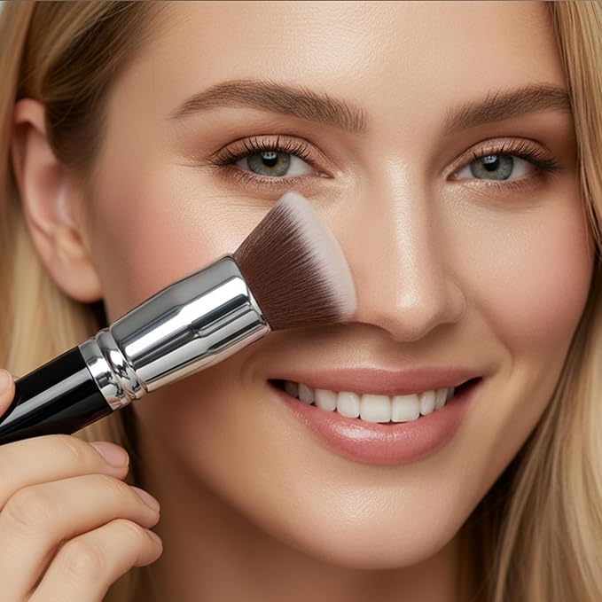 Lamora Makeup Brush Foundation Kabuki - Flat Top Face Brush for Liquid, Cream, and Powder Cosmetics - Full Coverage Blending, Buffing, Stippling, Contouring