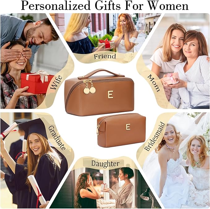 Birthday Gifts for Women Teen Girl, Personalized Initial Makeup Organizer Bag Set, Open Flat Travel Cosmetic Bag With Clear Divider and Handle(Brown,E)