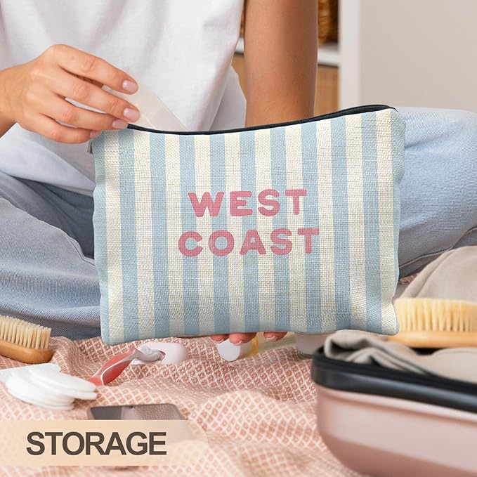 Blue Preppy Beach Makeup Bag, Blue Striped Coastal Cosmetic Bags for Women, Gifts for Beach Ocean Lovers, West Coast Zipper Makeup Pouch