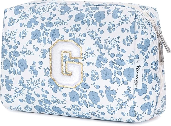 Narwey Birthday Gifts for Teen Girls Kids Women Personalized Initial Floral Makeup Bag Cute Cosmetic Trendy Stuff 6 8 10 11 12 13 14 16 18 Years Old Travel Toiletry Bag (Little Blue Flower G)