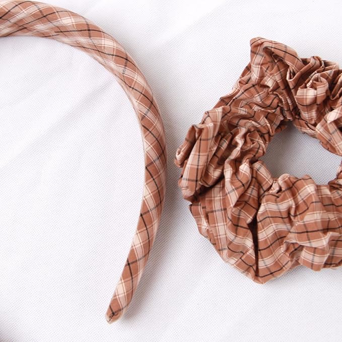 Headband and Scrunchie Set for Women 2Pack Hair Ties for Girls Elastics Bands Ponytail Holder Hair Accessories Coffee Lattice